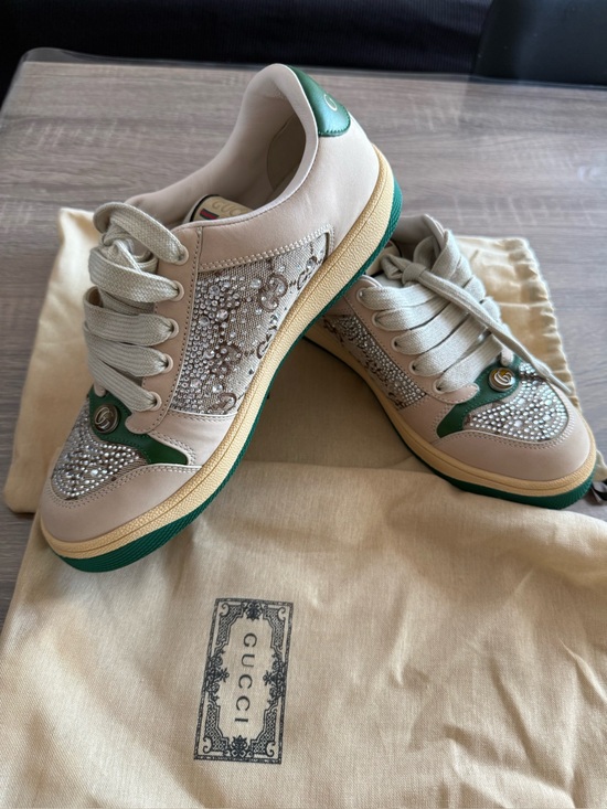 Gucci Shoes - Gucci Beige Leather & Green Crystal-Embellished Women’s Sneakers